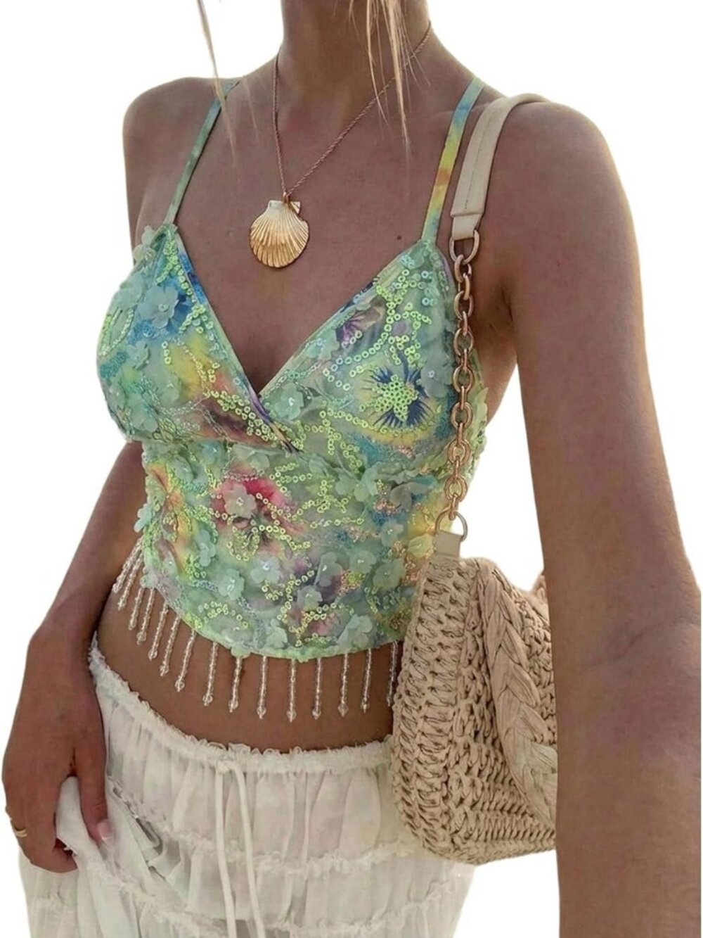 Sparkly Sequin Halter Camisole Top with Fringe, Open Back - Party Wear Essential